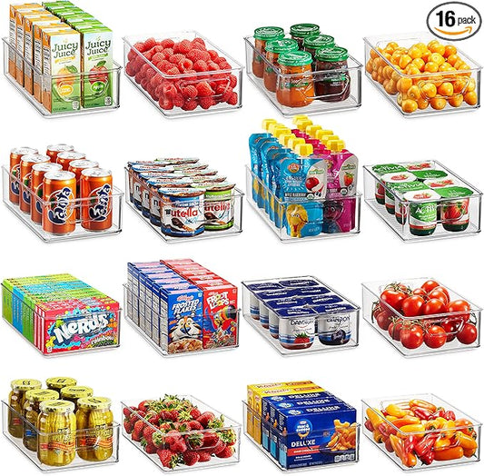 Munfix Set Of 16 Refrigerator Organizer Bins - Plastic Pantry Organization and Storage Baskets - Stackable Food Fridge Organizers with Cutout Handles for Freezer, Kitchen, Countertops, Cabinets